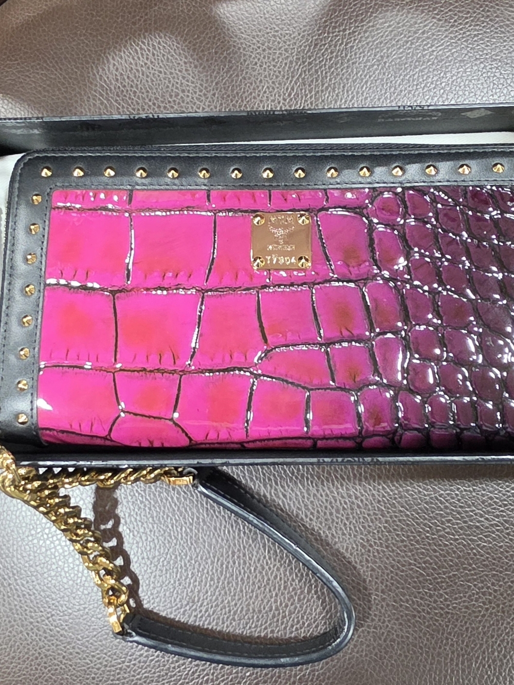 MCM Hot Pink Croc-Embossed Wristlet with Gold Accents